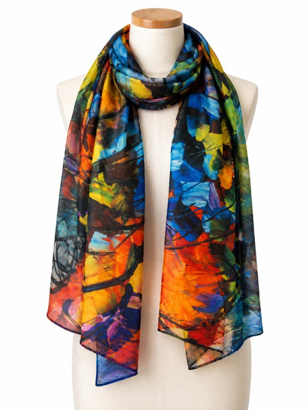 Abstract Art Scarf by Cleo – 2010s – Multicolor Silk Feel – Painterly Pattern - Picture 7 of 12